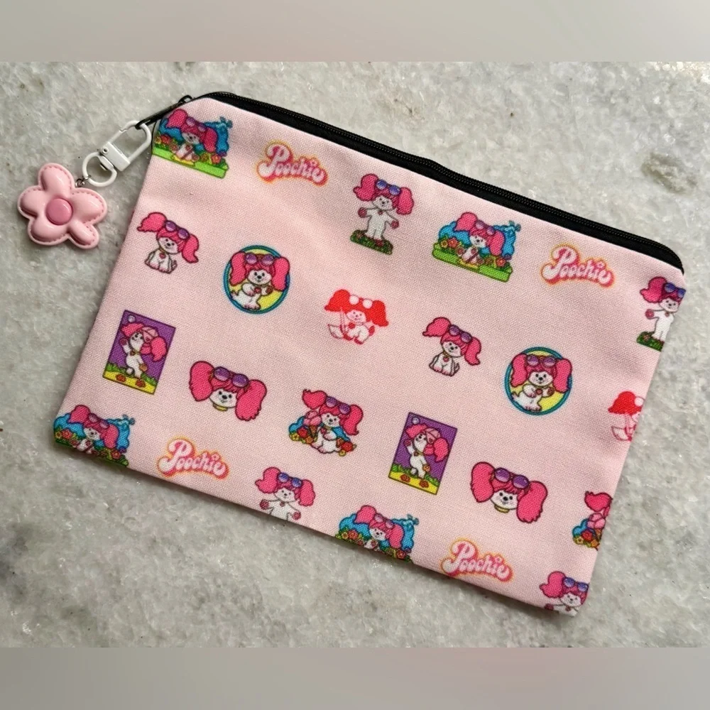 New Retro 80s Style Poochie Dog Pink Makeup Tech Pencil Bag w/ Charm - 8.5” x 6”